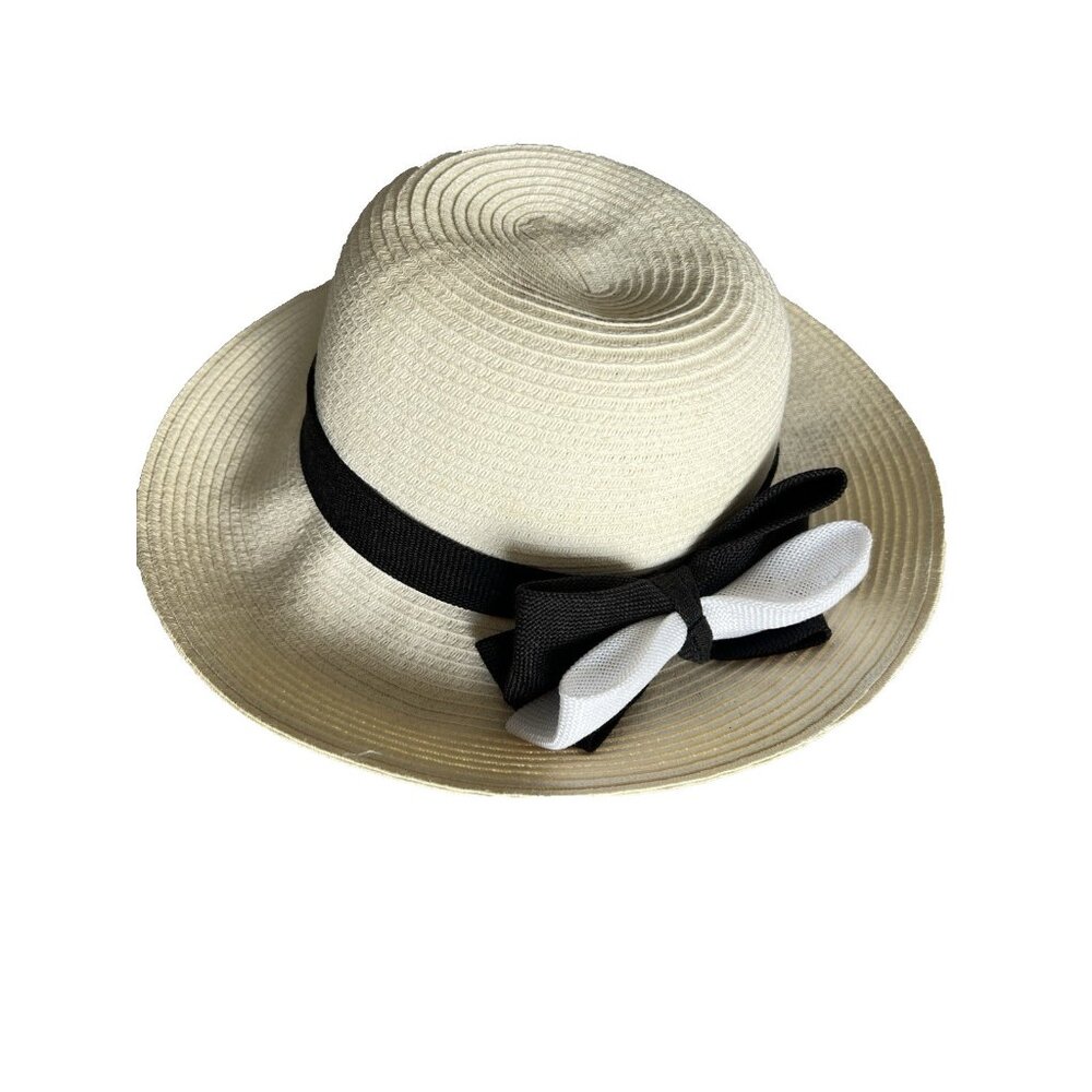 HBY Miami Hat White Black Bow Sun Beach Paper Straw One Size Cruise Vacation
